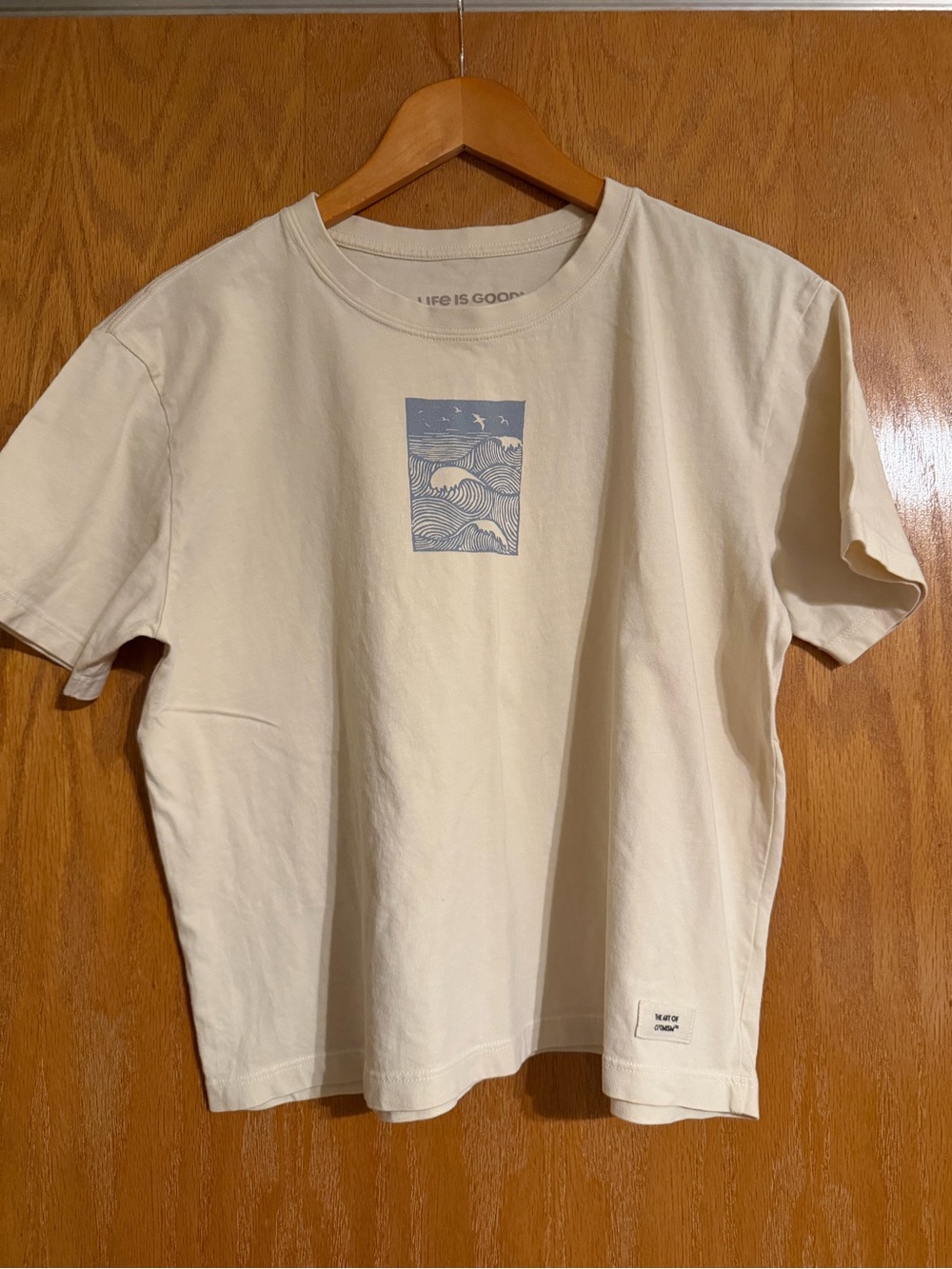 Life Is Good Cream Tee with Blue Wave Chest Graphic